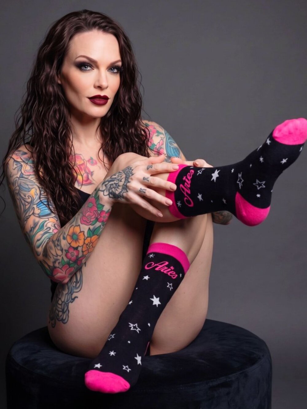 Dolls Kill Natural Born Leader Aries Crew Socks Black Hot Pink Star Celestial